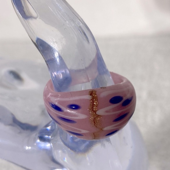 Vintage Art Glass Handmade Pink Blue Bronze Glitter Band Ring - Picture 2 of 11